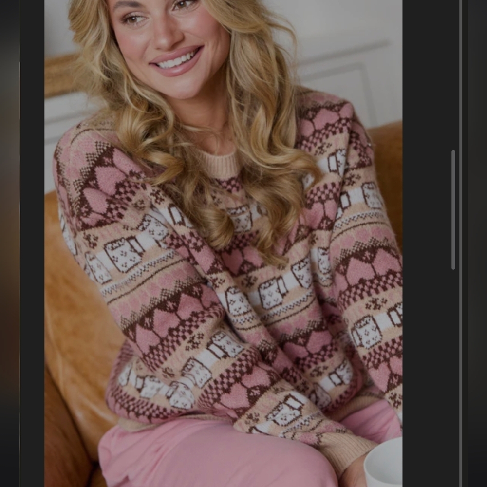 Pink Lily - Coffee Love Pink And Taupe Hearts Crewneck Fair Isle Sweater